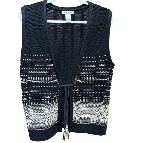 Orvis Sweaters - Orvis Sweater Vest Open Knit Black White‎ Tassels Outdoor Winter Women's Size M